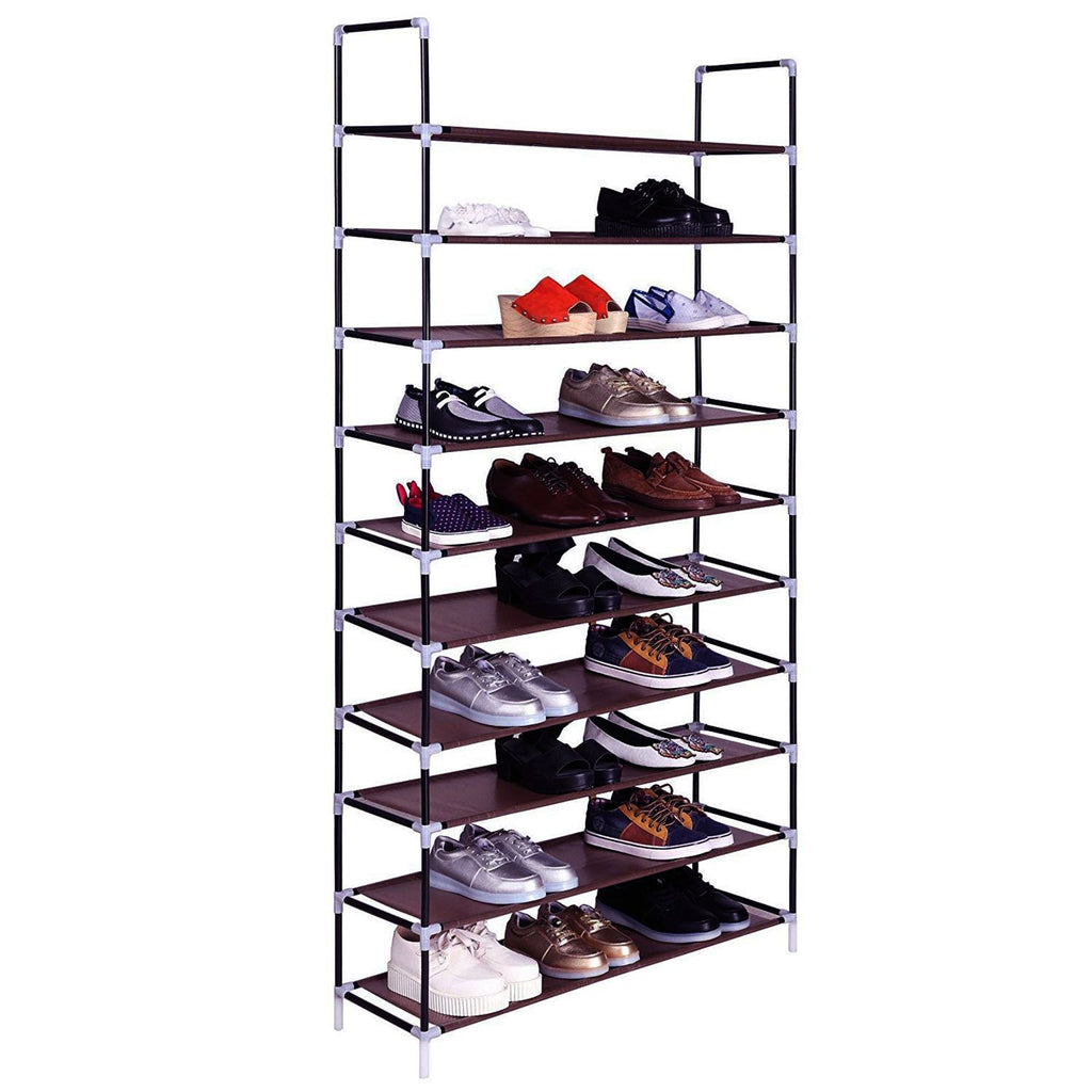 Simple Assembly 10 Tiers Non-woven Fabric Shoe Rack with Handle Black