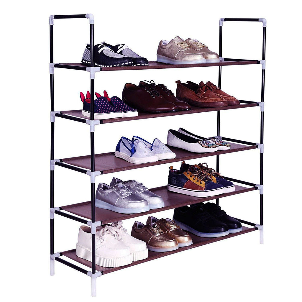 Simple Assembly 5 Tiers Non-woven Fabric Shoe Rack with Handle Dark Brown RT