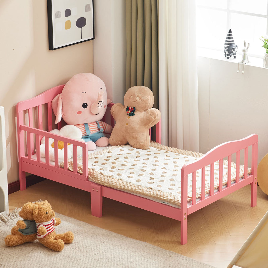 Single-layer vertical panel bed with side rails, pink, 135*75*62.5cm, pine wood, children's bed