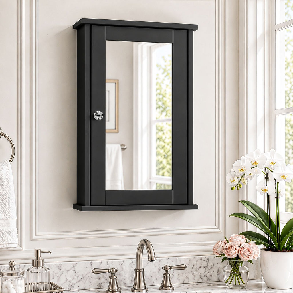 Single-Mirrored-Door Painted MDF Bathroom Wall Cabinet 13.39*5.79*20.87in Black