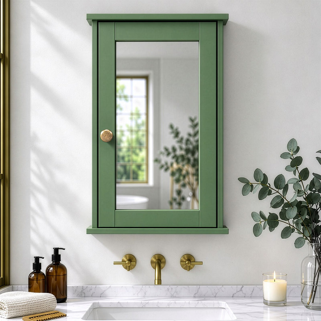 Single-Mirrored-Door Painted MDF Bathroom Wall Cabinet 13.39*5.79*20.87in Forest Green