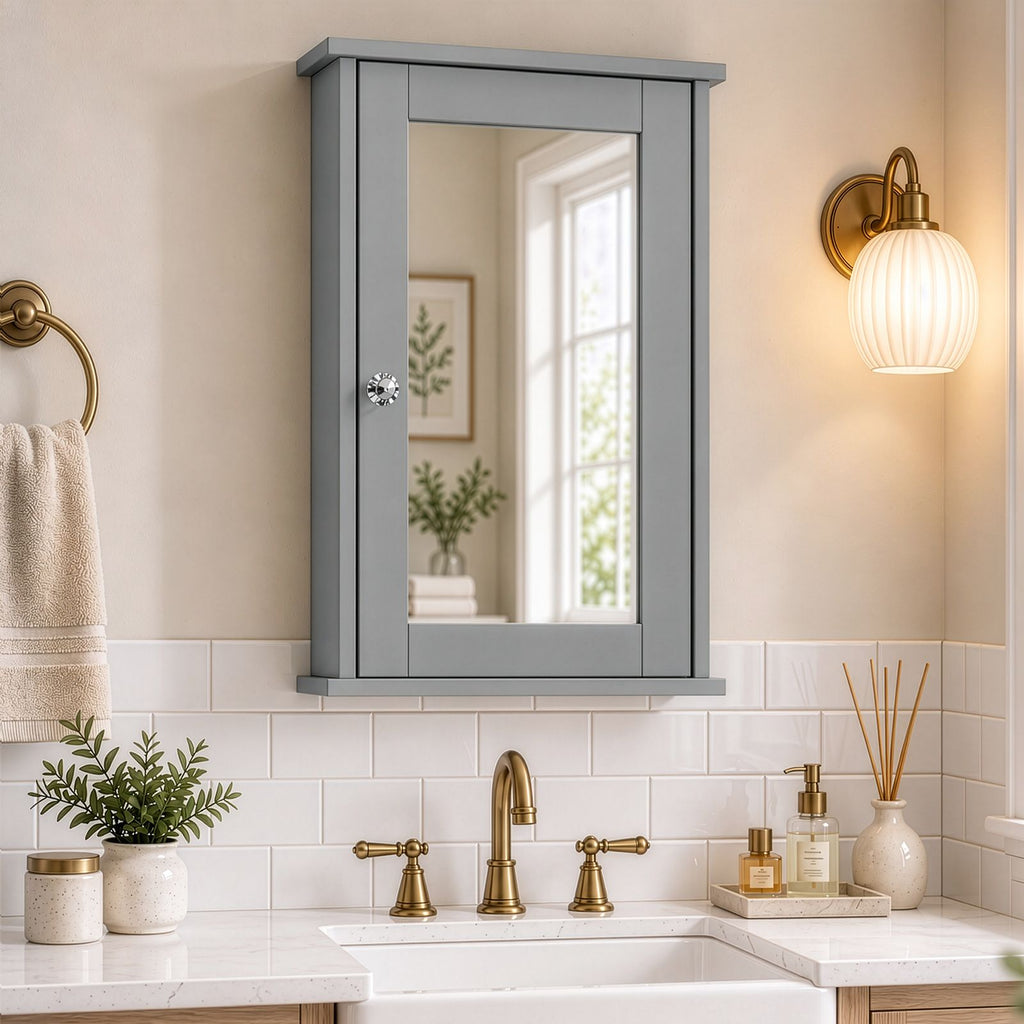 Single-Mirrored-Door Painted MDF Bathroom Wall Cabinet 13.39*5.79*20.87in Grey