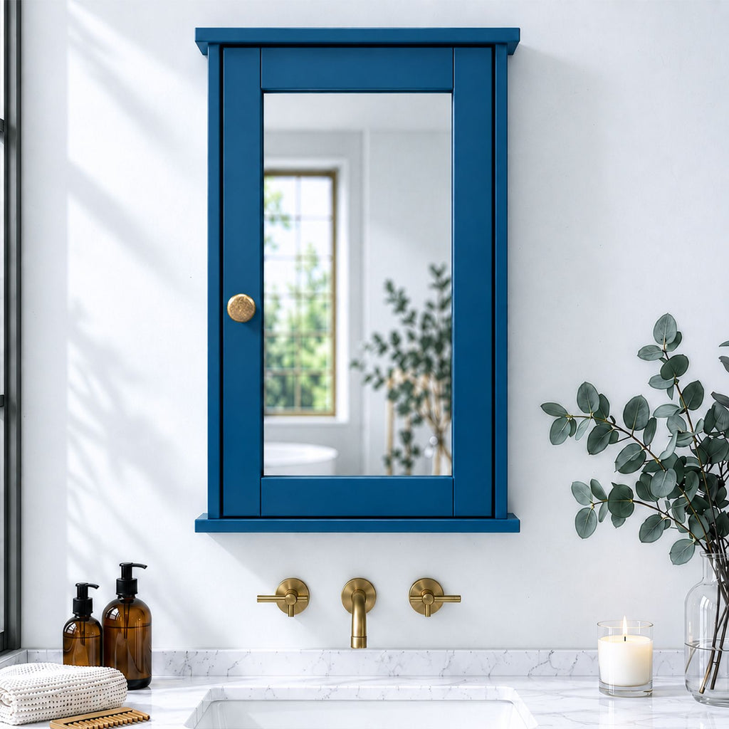 Single-Mirrored-Door Painted MDF Bathroom Wall Cabinet 13.39*5.79*20.87in Navy Blue
