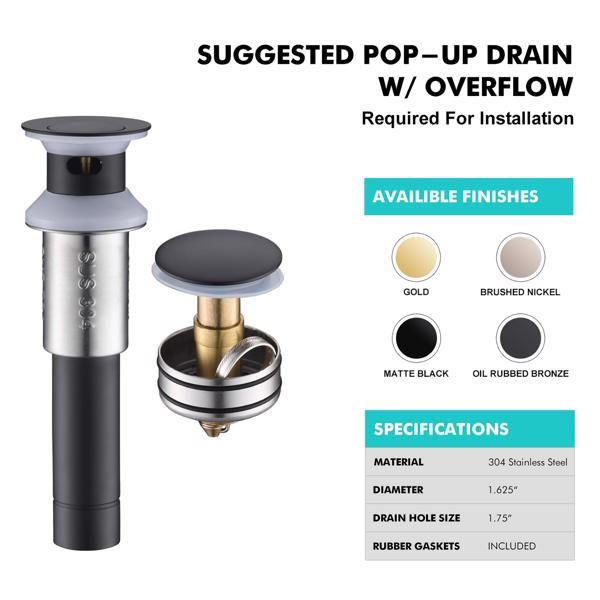 Sink Drain Stopper Bathroom 1.75 In; Pop-Up Drain Stainless Steel With Overflow Anti-Clogging for Vessel Sink Lavatory Vanity Sink Drain with Strainer Basket; Matte Black