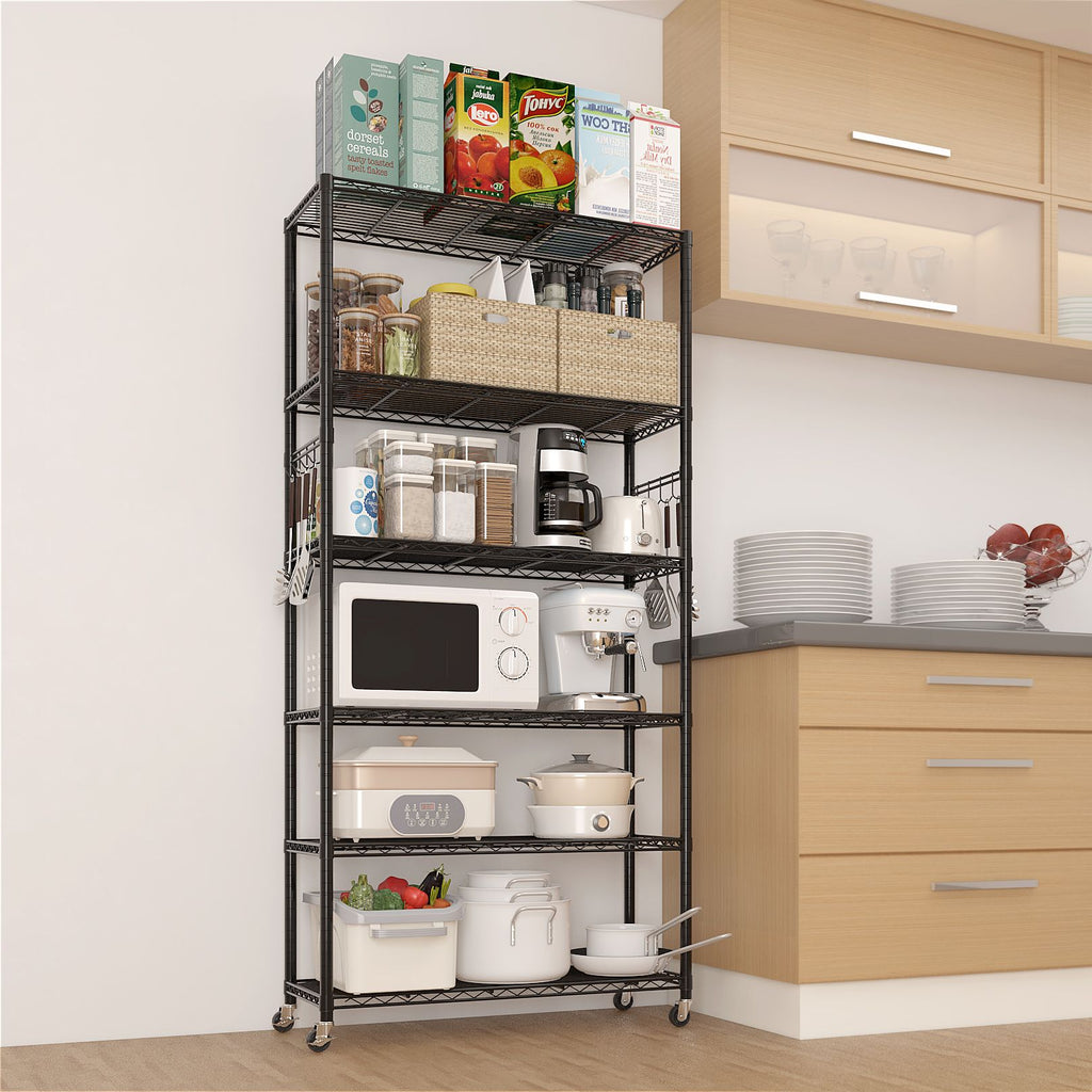 six-layer segmented with 2'' rubber wheels M8 adjustable feet 1 side cone hook Freely adjustable layer spacing display stand iron 90*40*185cm black