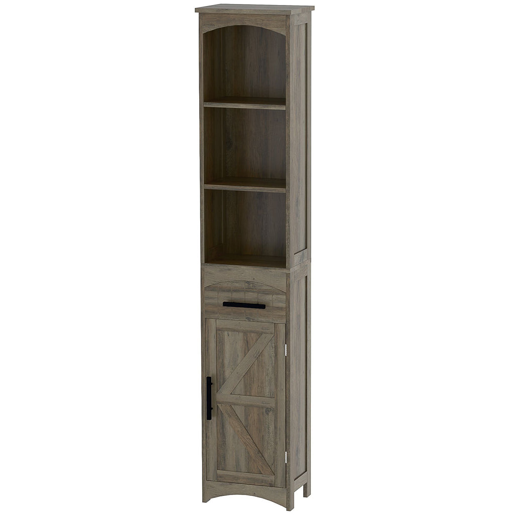 Skinny Tall Cabinet with Drawer, 67'' Slim Cabinet with Door, Farmhouse Style, Weathered Gray Oak