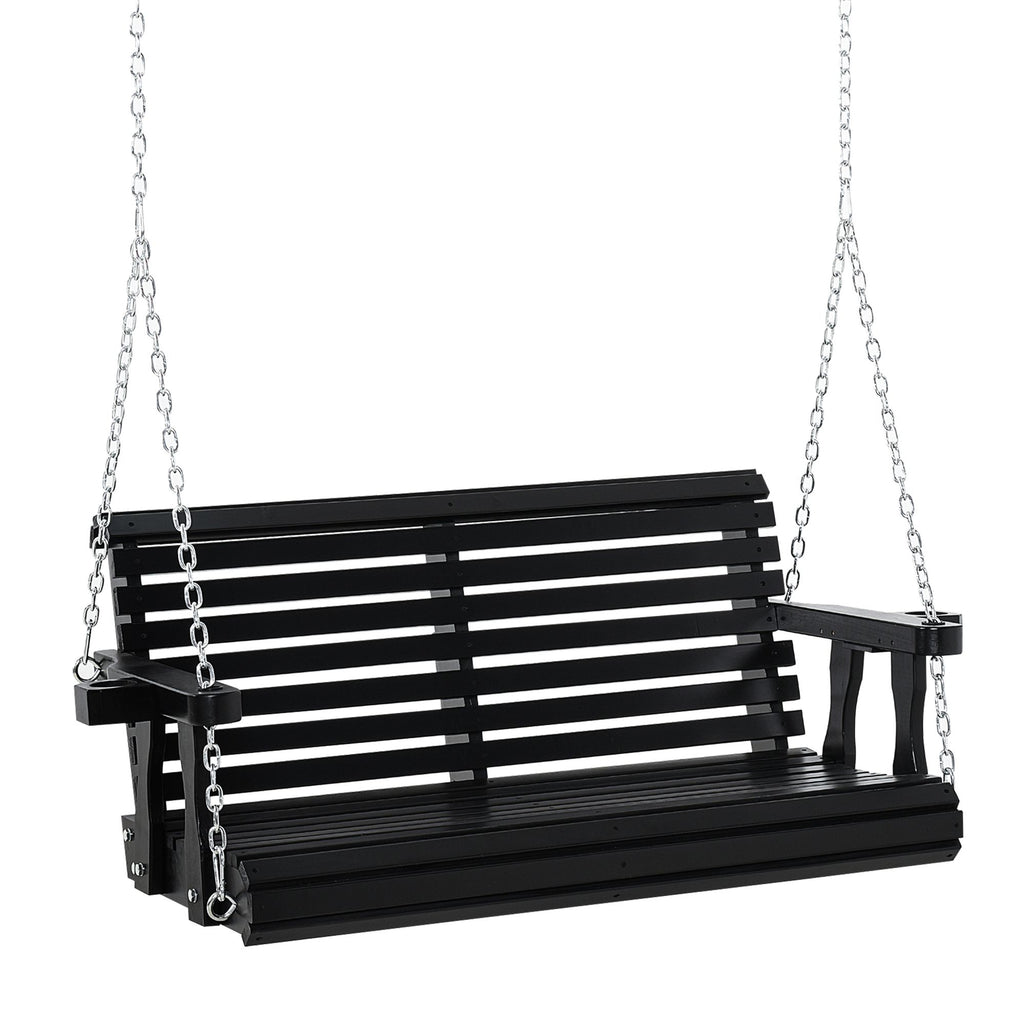 Slatted Porch Oasis: 46" 2-Person Black Swing Bench with Cup Holders, 440lb Capacity