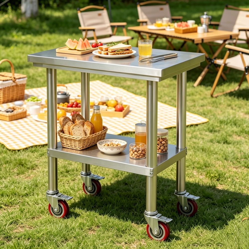 Sleek - 1 X Metal Work Table with Adjustable Height and Shelf for Kitchen