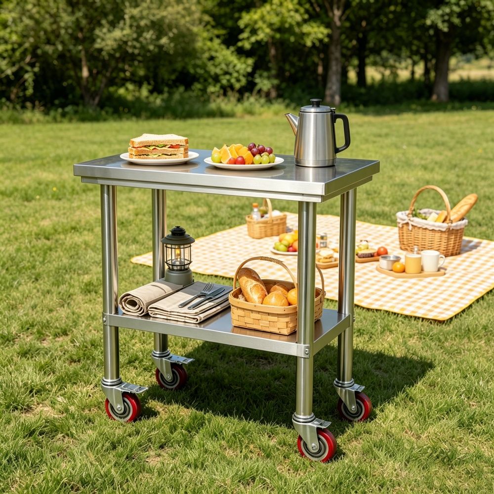 Sleek Metal Work Table with Adjustable Height and Shelf for Kitchen