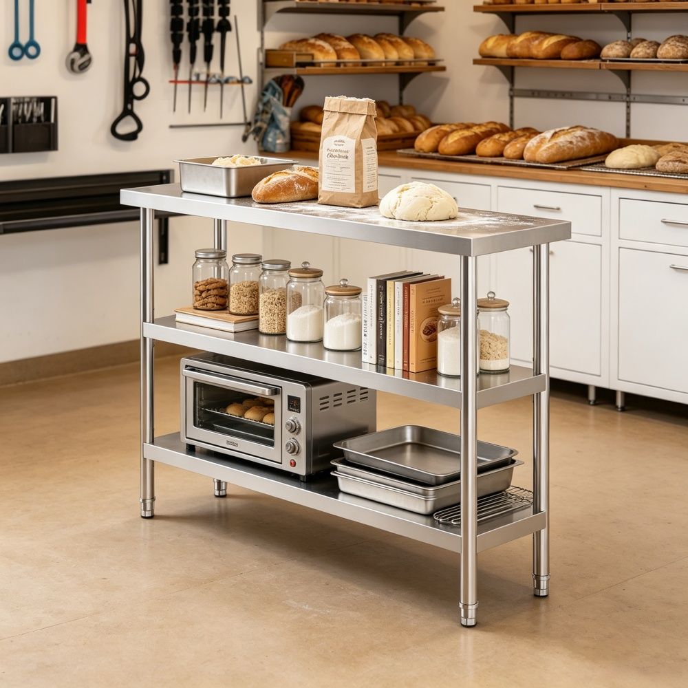 Sleek Metal Work Table with Easy to Clean and Adjustable Shelves for Kitchen