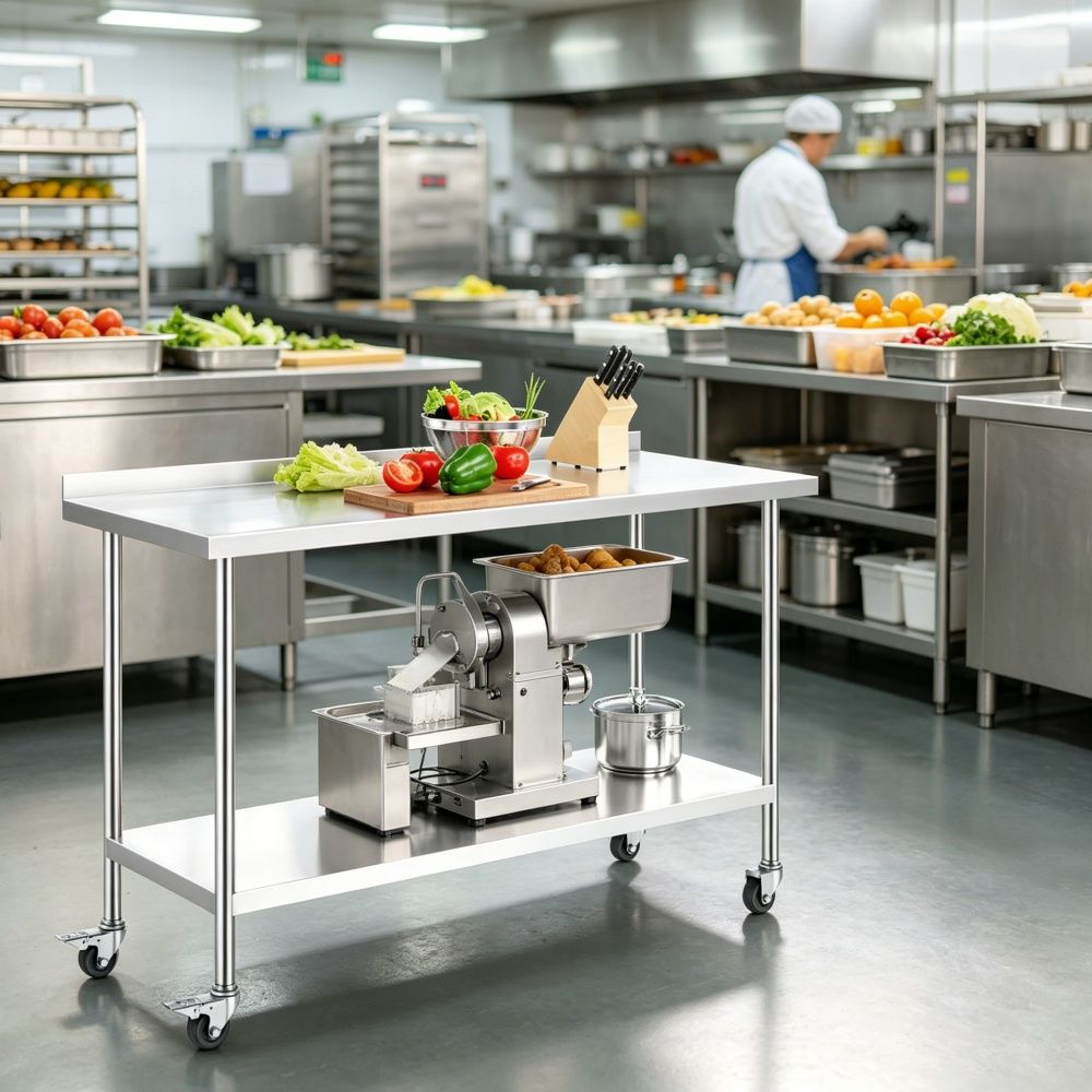 Sleek Metal Work Table with Easy to Clean and Adjustable Shelves for Kitchen