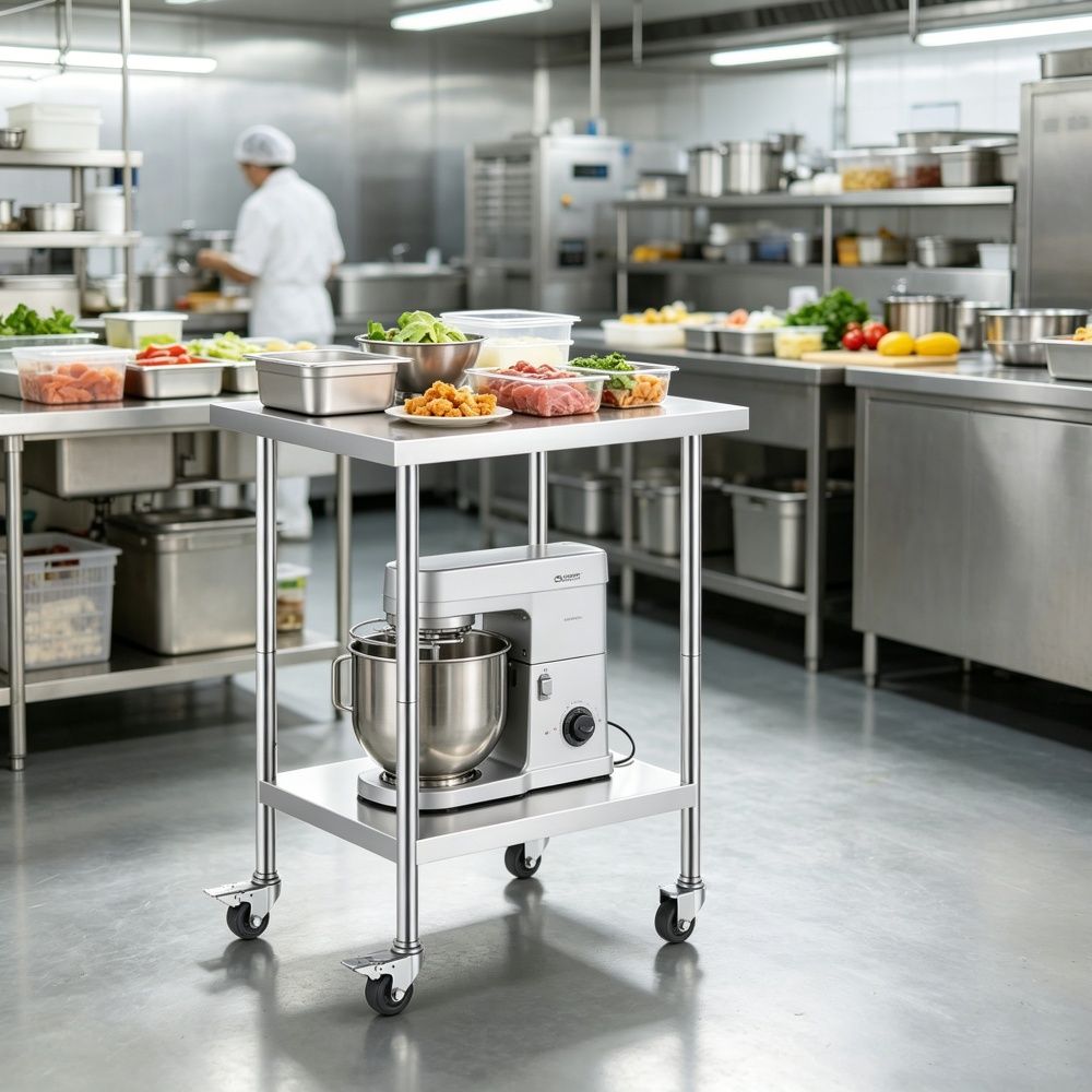Sleek Metal Work Table with Easy to Clean and Adjustable Shelves for Kitchen