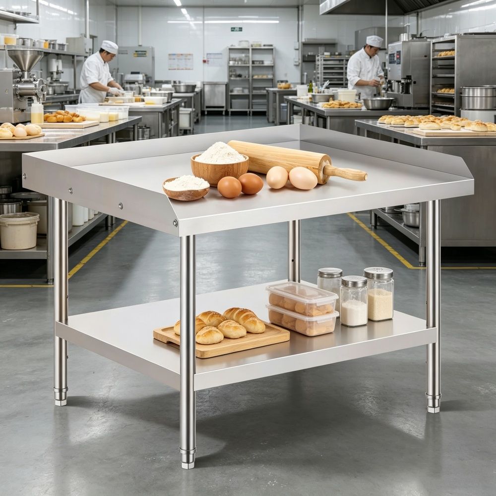 Sleek Metal Work Table with Easy to Clean and Adjustable Shelves for Kitchen