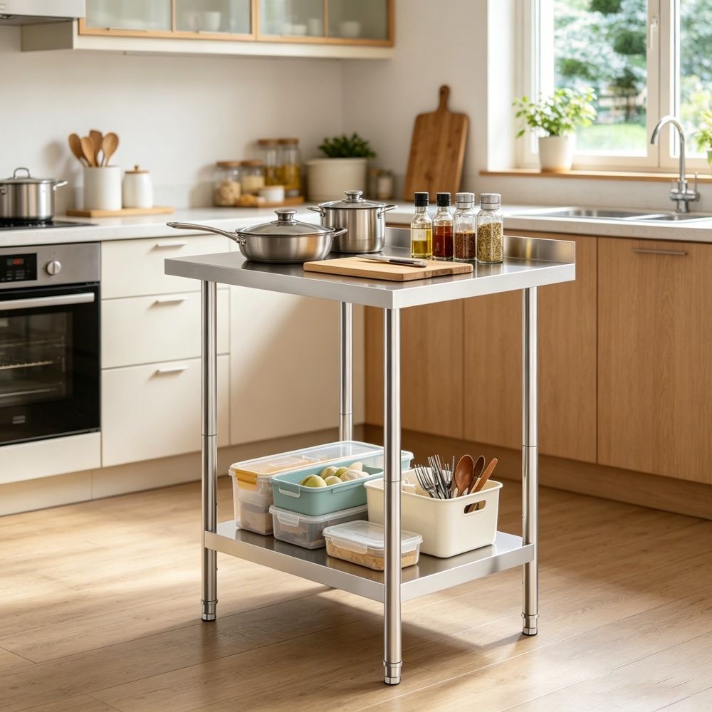 Sleek Metal Work Table with Easy to Clean and Adjustable Shelves for Kitchen