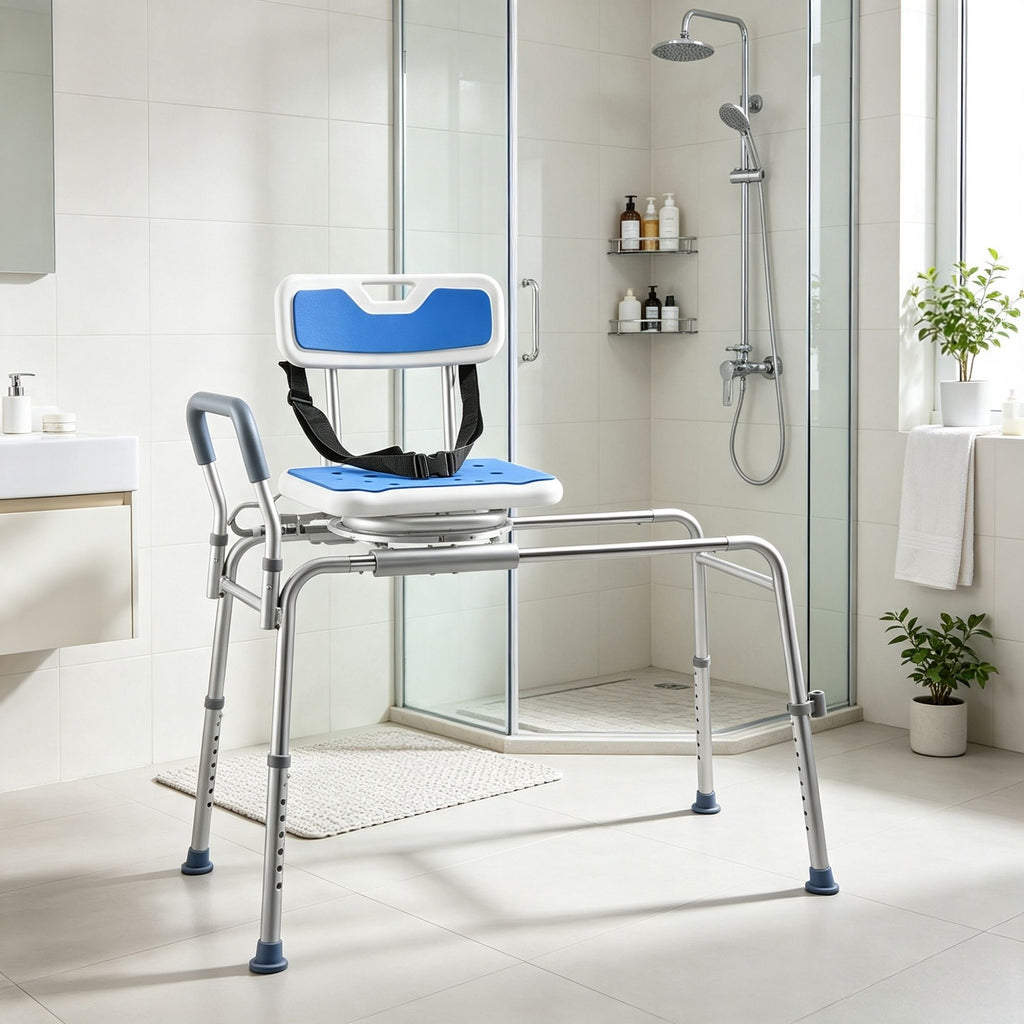 Sliding Shower Chair with Swivel Seat, 400 lbs Tub Transfer Bench with Padded Arms & Backrest, Height Adjustable, for Seniors & Disabled