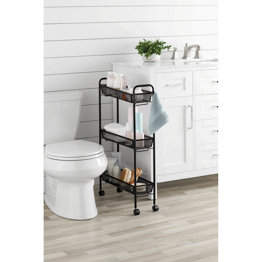 Slim 3-Tier Rolling BathroomStorageCart with Hooks, Black