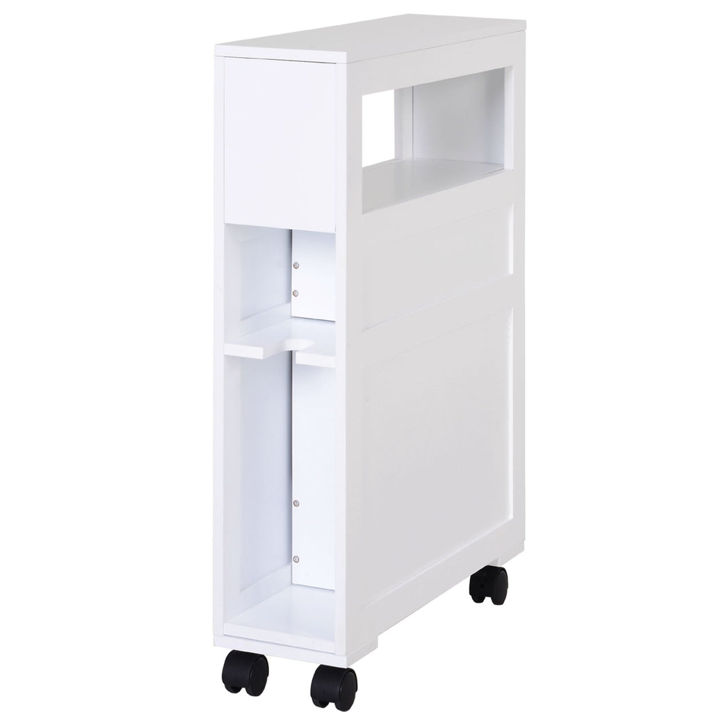 Slim Bathroom Storage Cabinet Narrow with Shelf 2 Drawers 4 Casters Floor Organizer White