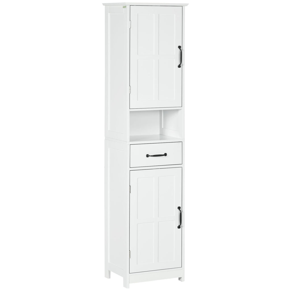 Slim Bathroom Storage Cabinet, Tall Linen Tower with Open Shelf, Drawer, Recessed Doors & Adjustable Shelves, White