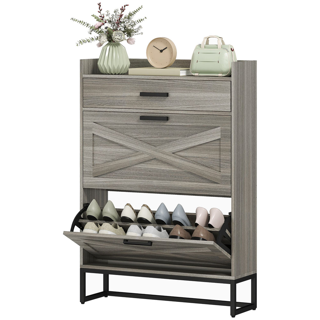 Slim Shoe Organizer Cabinet 2 Flip Drawers Distressed Gray for 12 Pairs