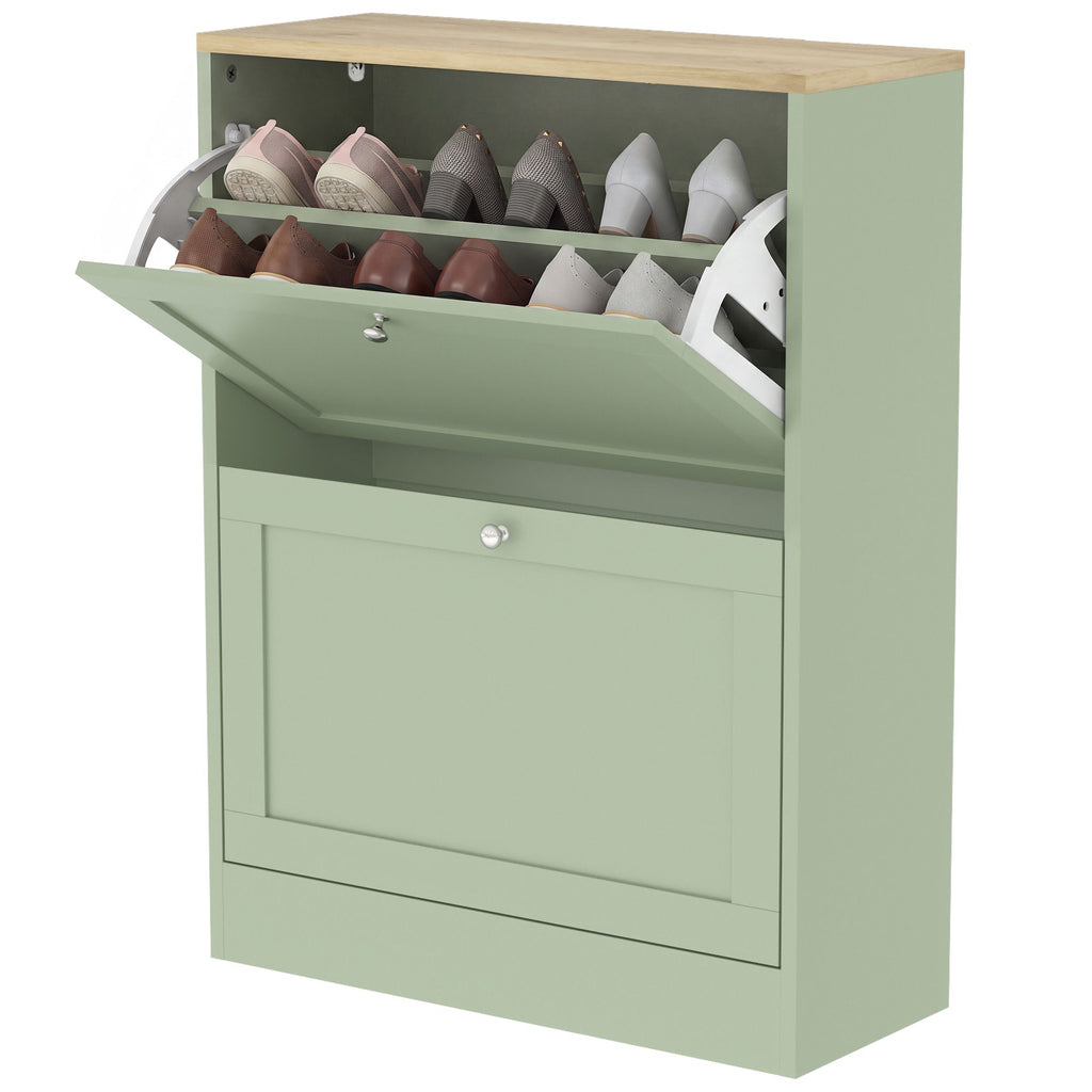 Slim Shoe Storage Cabinet, Modern Shoe Cabinet with 2 Flip Drawers and Adjustable Shelves for 8-12 Pairs, Green