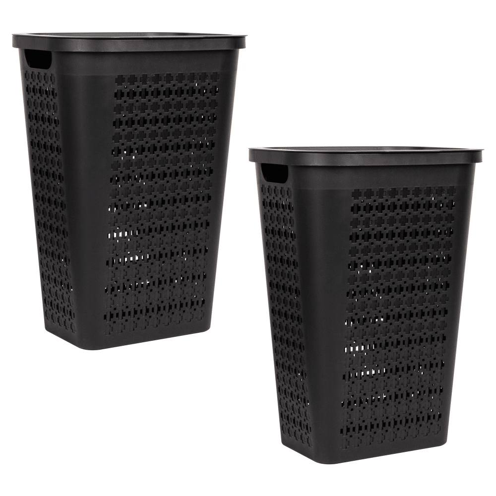 Slim Swiss Cross Cut-Outs Tapered Laundry Hampers with Lid, Plastic, Set of 2, Black