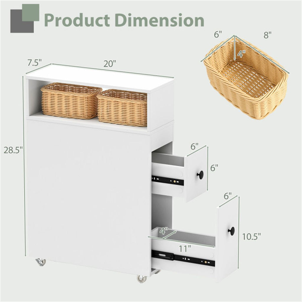 Slim White Bathroom Storage Cabinet (20"x7.5"x28.5") - Fits Tight Spaces (Tub-Toilet Gap), 2 Drawers + Open Shelf + Wicker Baskets