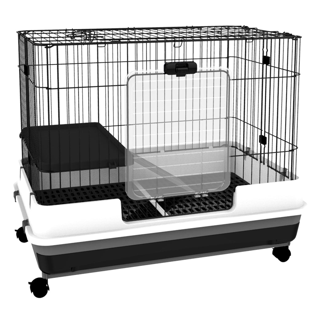 Small Animal Cage 2-Level Rabbit Hutch with Wheels Removable Tray Black for Bunny Chinchillas Ferret
