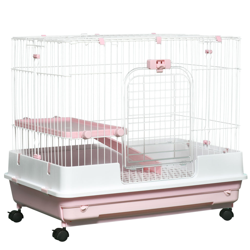 Small Animal Cage 2-Level Rabbit Hutch with Wheels Removable Tray Pink for Bunny Chinchillas Ferret