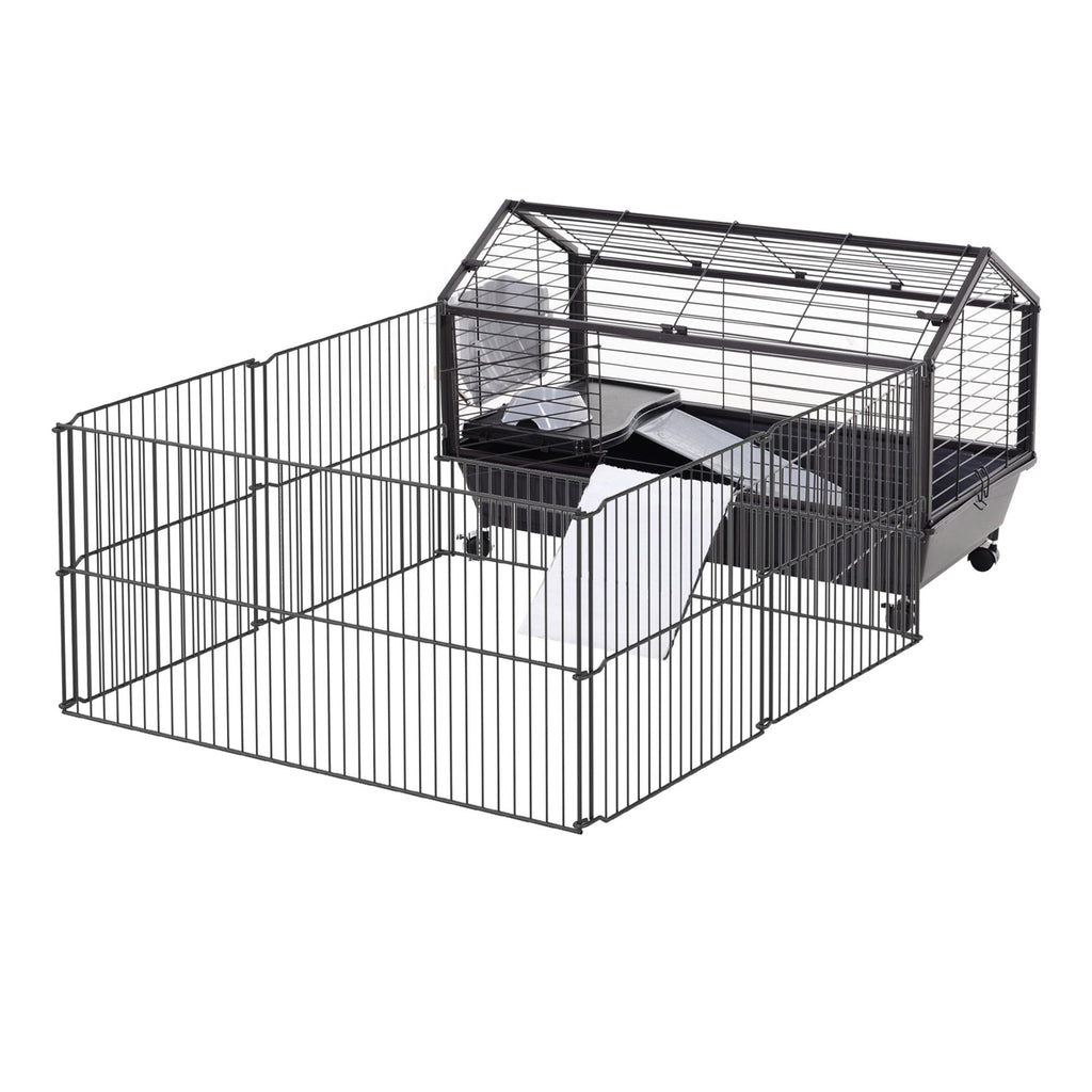 Small Animal Hutch 35L Cage with Wheels Bunny Playpen House Black for Guinea Pig Chinchilla