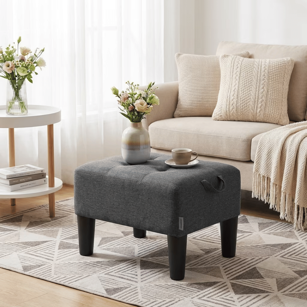 Small Footstool Ottoman with Thick Cushion, Angled Legs, HiddenStorageCompartment, Dark Gray