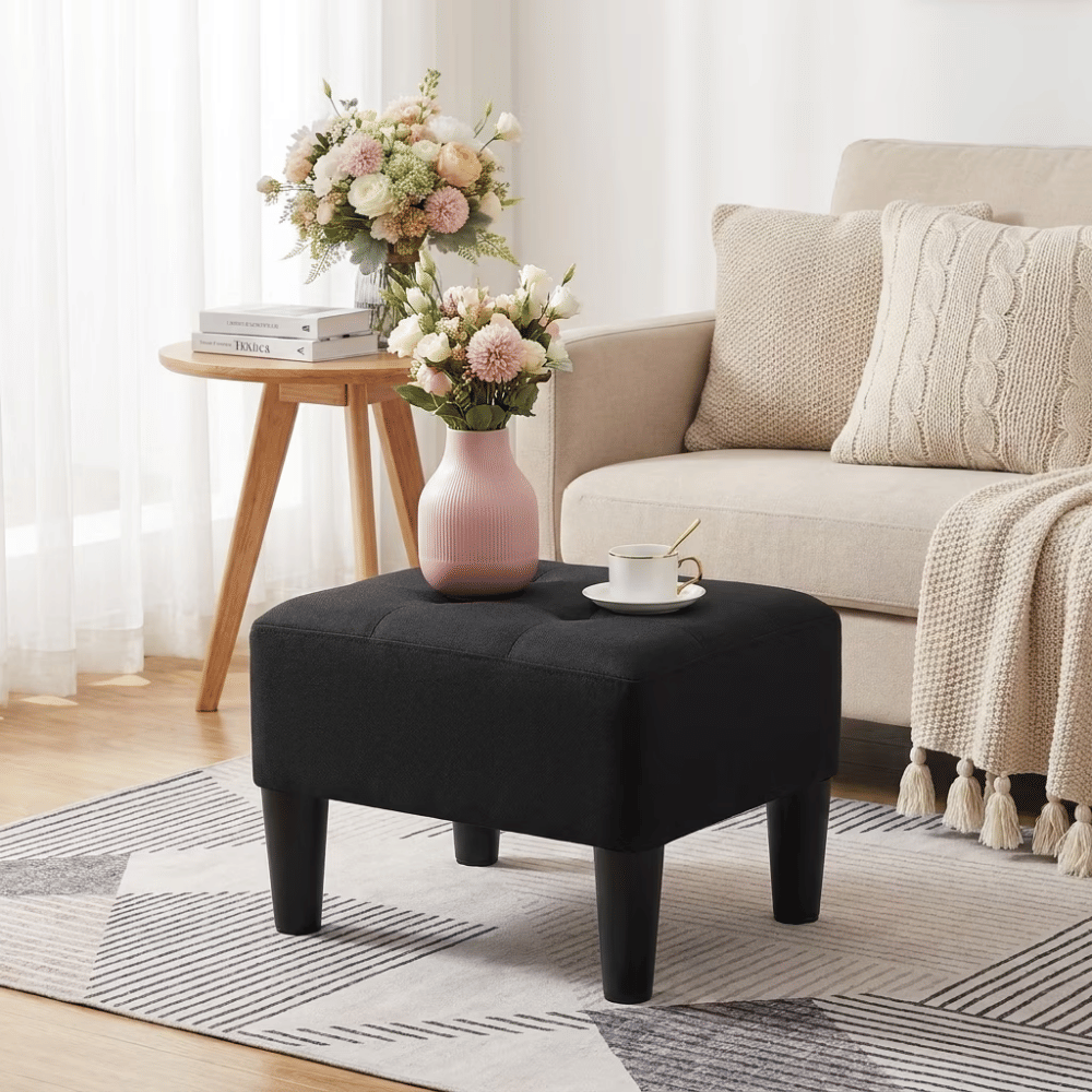 Small Footstool Ottoman with Thick Cushion, Angled Legs, HiddenStorageCompartment, Ink Black