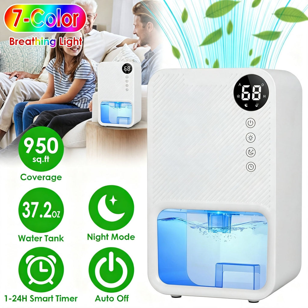 Small Household Dehumidifier for Bathroom Closet RV, RealTime Humidity Readout, 1.1L Tank Auto ShutOff, 24H Timer and 7Color Night Light
