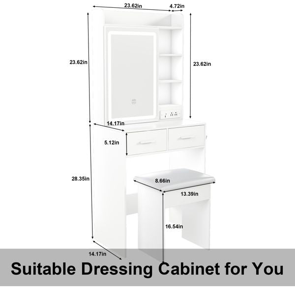 Small Makeup Vanity Desk with Mirror & Adjustable LED Lights,Built-in Power Outlet & Hidden Storage, Includes padded stool & Shelf,Space-Saving Dressing Table for Small Bedrooms,White