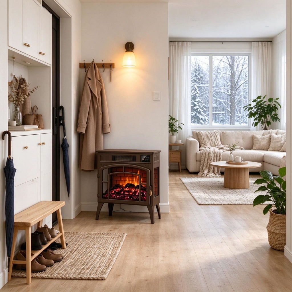 Smart WiFi Electric Fireplace Stove, 3-Sided Glass Design Electric Fire Heater, Brown