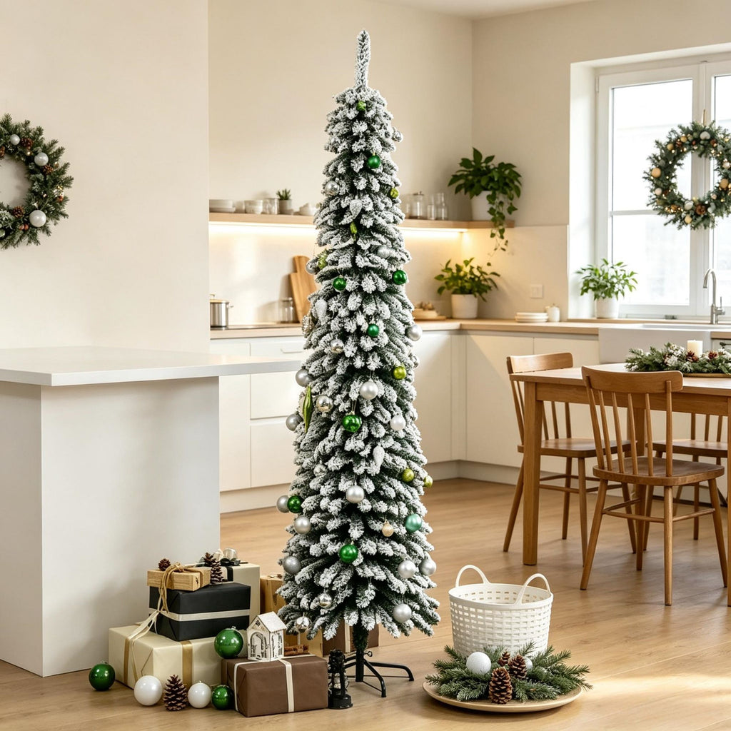 Snow-Flocked 7' Tall Slim Pencil Christmas Tree, Artificial Tree with Realistic Branches & 603 Tips, Green (Excluding ball)