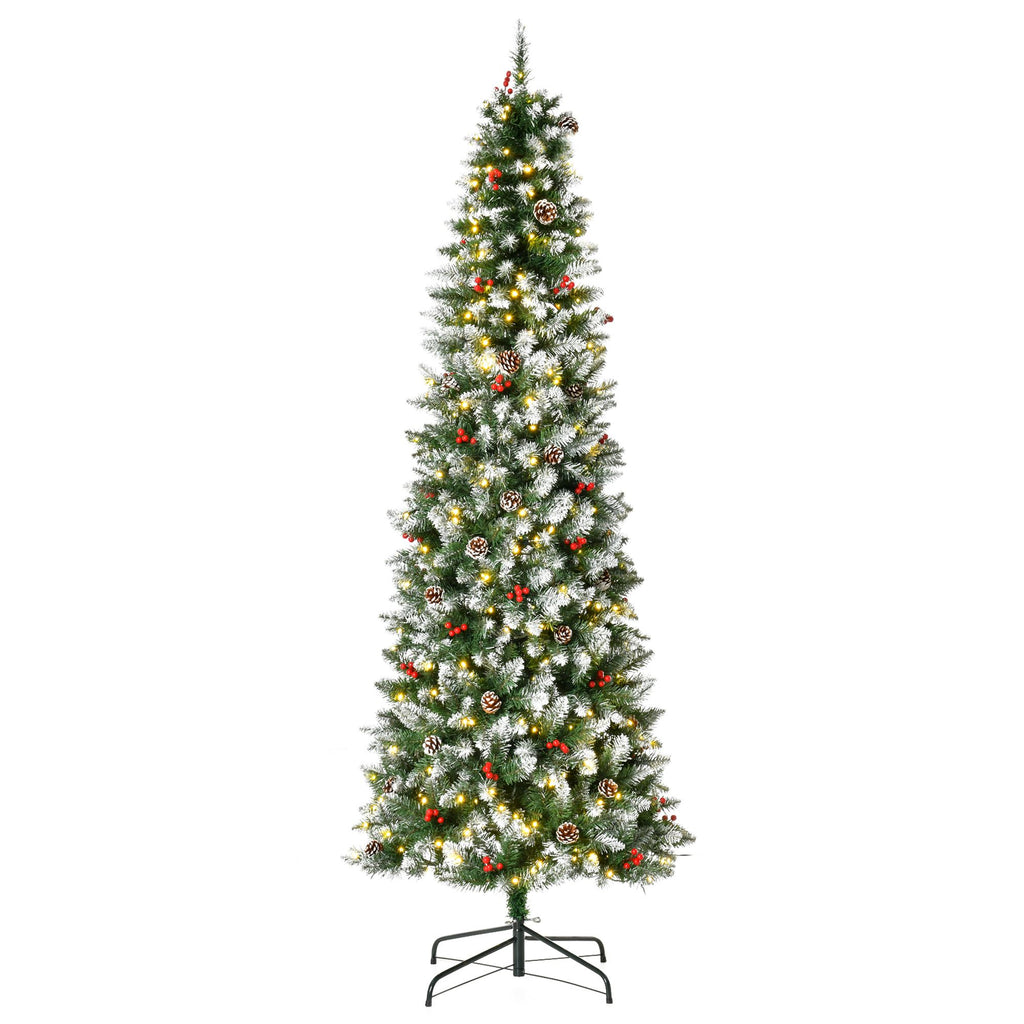 Snow Flocked Christmas Tree 7.5ft Slim Prelit with LED Lights Pine Cones Red Berries