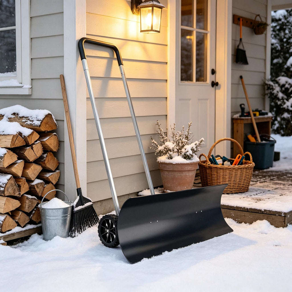 Snow Pusher with Wheels 37 Inch Extra Wide Snow Shovel Ergonomic Adjustable Handle Black