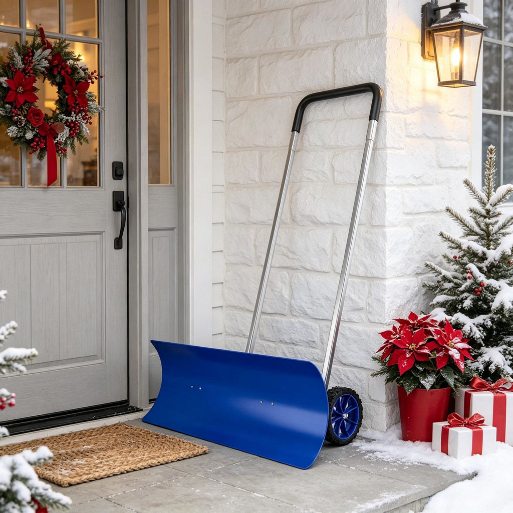 Snow Pusher with Wheels 37 Inch Extra Wide Snow Shovel Ergonomic Adjustable Handle Blue