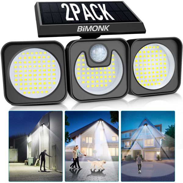 Solar Flood Light Outdoor 218 LED 2000LM; 6500K - 270°Adjustable 3 Heads Solar Light; Motion Sensor 26ft; Waterproof IP65 Solar Powered