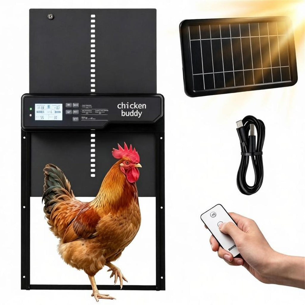 Solar Powered Automatic Chicken Coop Door with 4 Control Modes Light Sensor Timer Remote Manual, Anti-Pinch Weatherproof Aluminum Alloy Poultry Door Opener for Chickens Ducks Pigeons