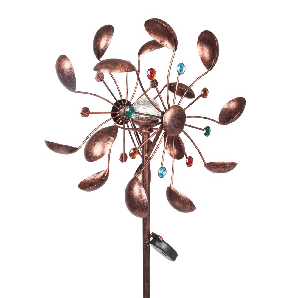 Solar Wind Spinner LED Lighting by Solar Powered Glass Ball with Kinetic Wind Aculptures Dual Direction Decorative Lawn Ornament Wind Mill