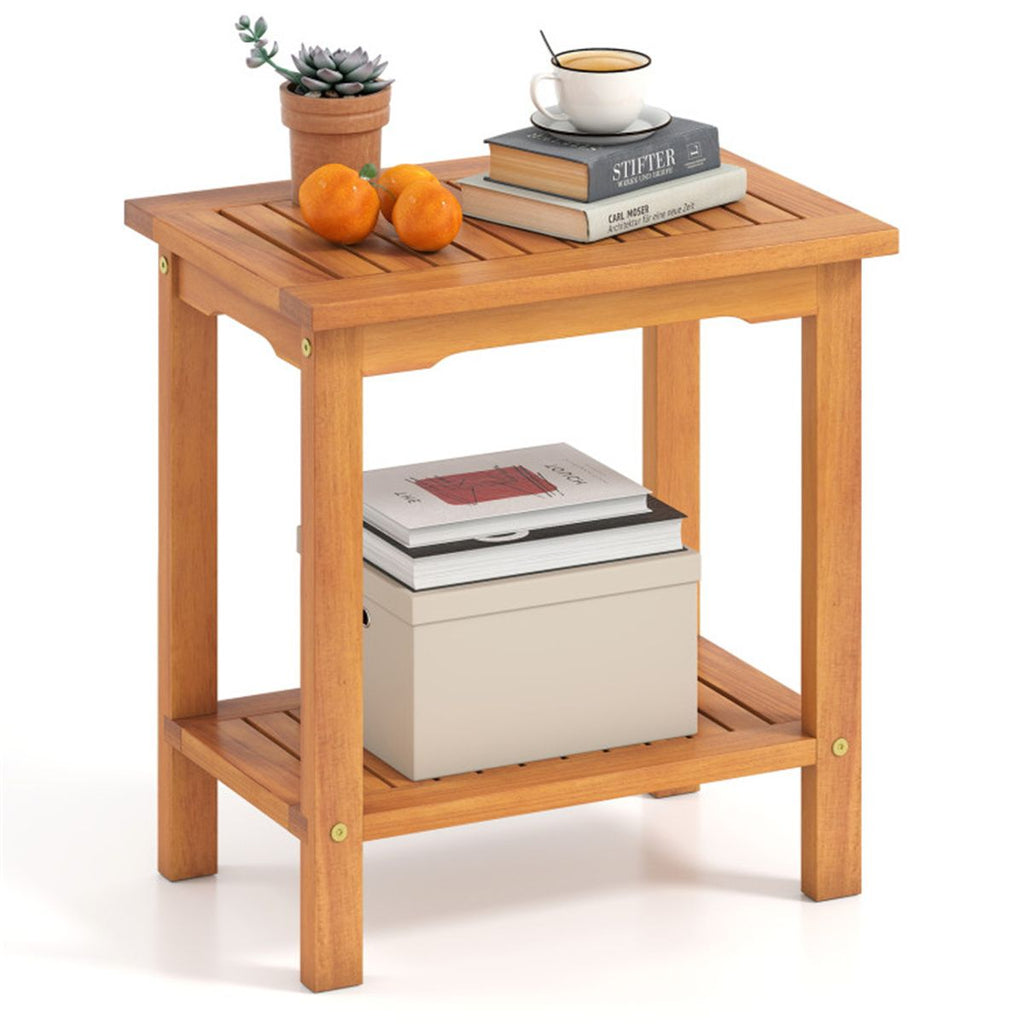 Solid Acacia Wood 2-Tier Side Table, 176 LBS Capacity Patio End Table for Garden
