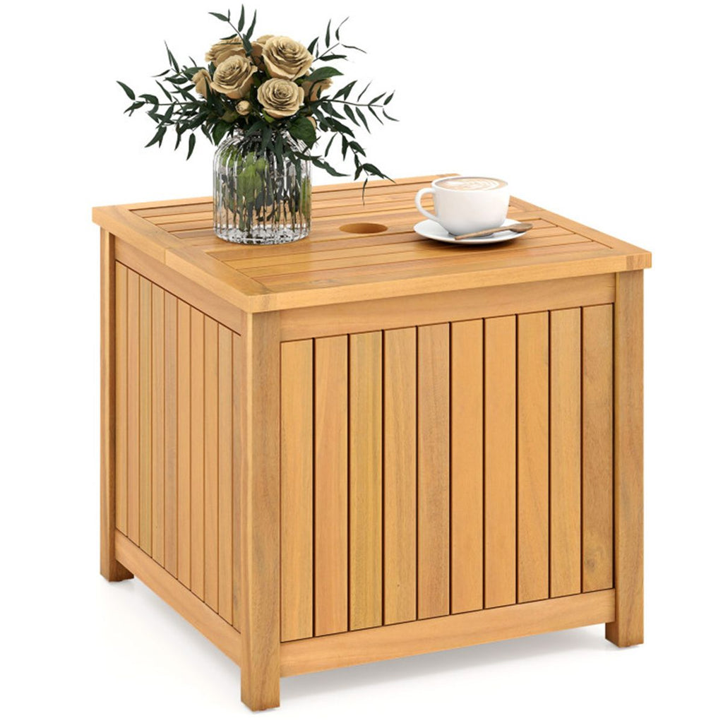 Solid Acacia Wood Outdoor Side Table with Umbrella Hole, 2-in-1 Storage End Table for Patio Poolside
