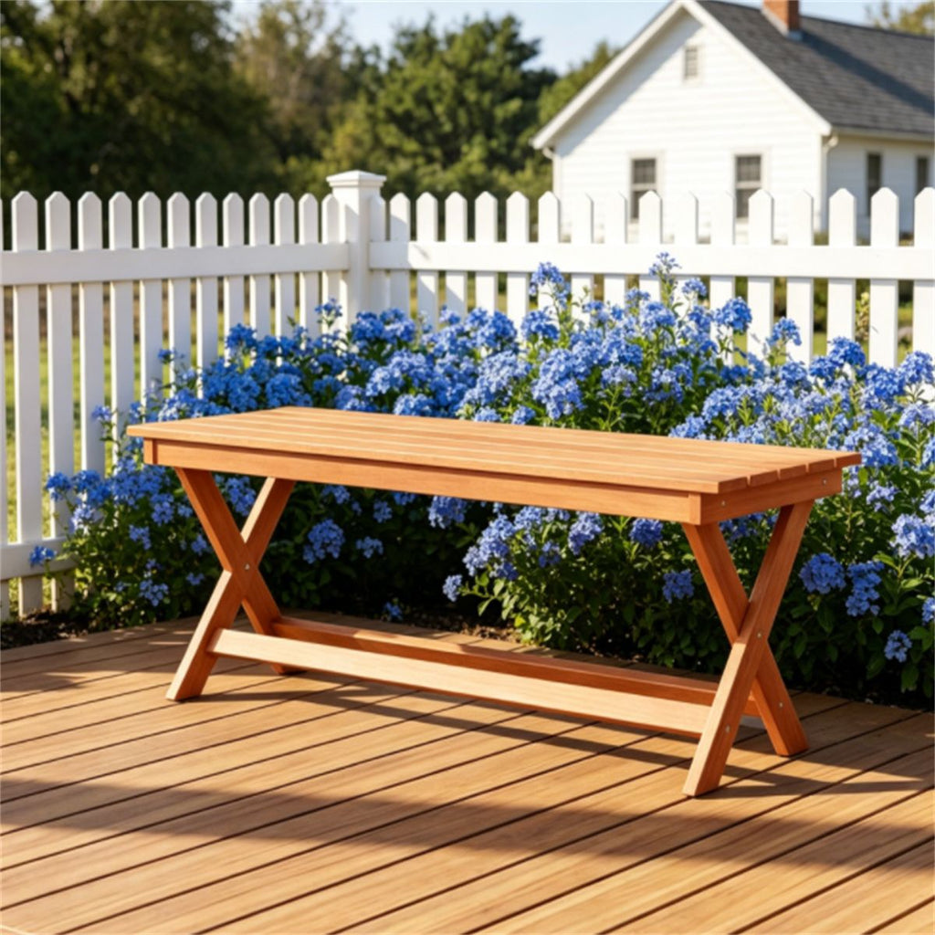 Solid Wood Backless Patio Bench, 2Person Rustic Slatted Seat Bench with XFrame Legs, Breathable Outdoor Garden Entryway Bench for Dining Plant Stand