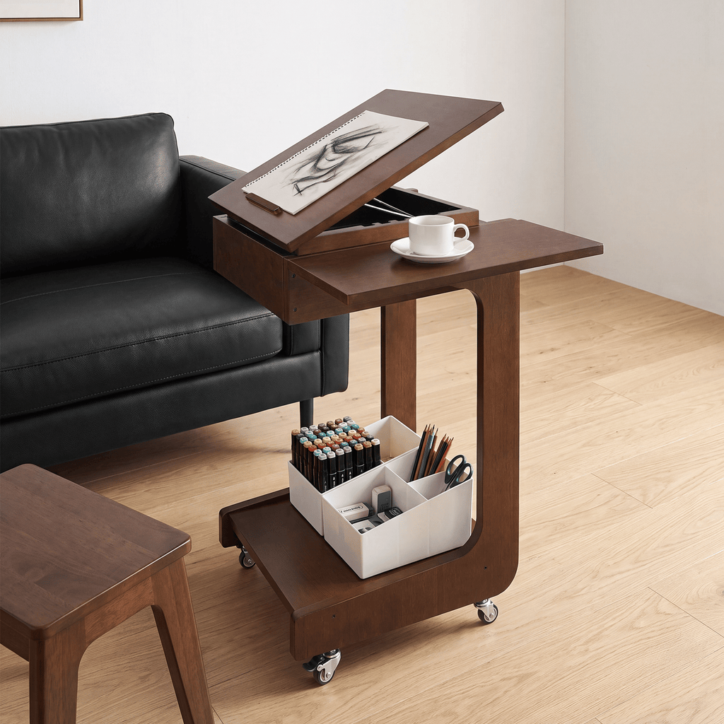 Solid Wood C Shaped End Table, Rolling Side Table with 360 Adjustable & Foldable Desktop, Couch Table with Laptop Stand for Couch, Living Room, Bedroom, Office (Walnut) No self pick up
