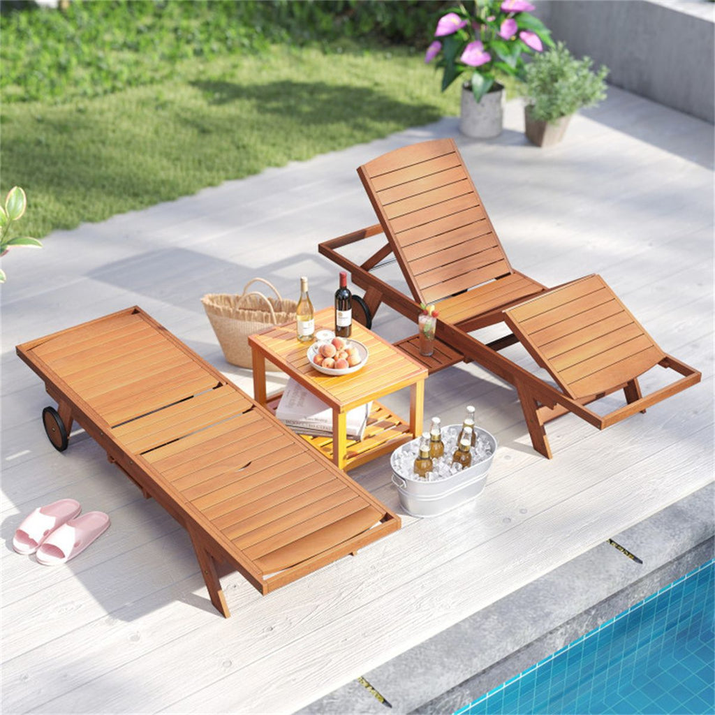 Solid Wood Outdoor Chaise Lounge, 4-Position Adjustable Backrest with Extendable Side Table