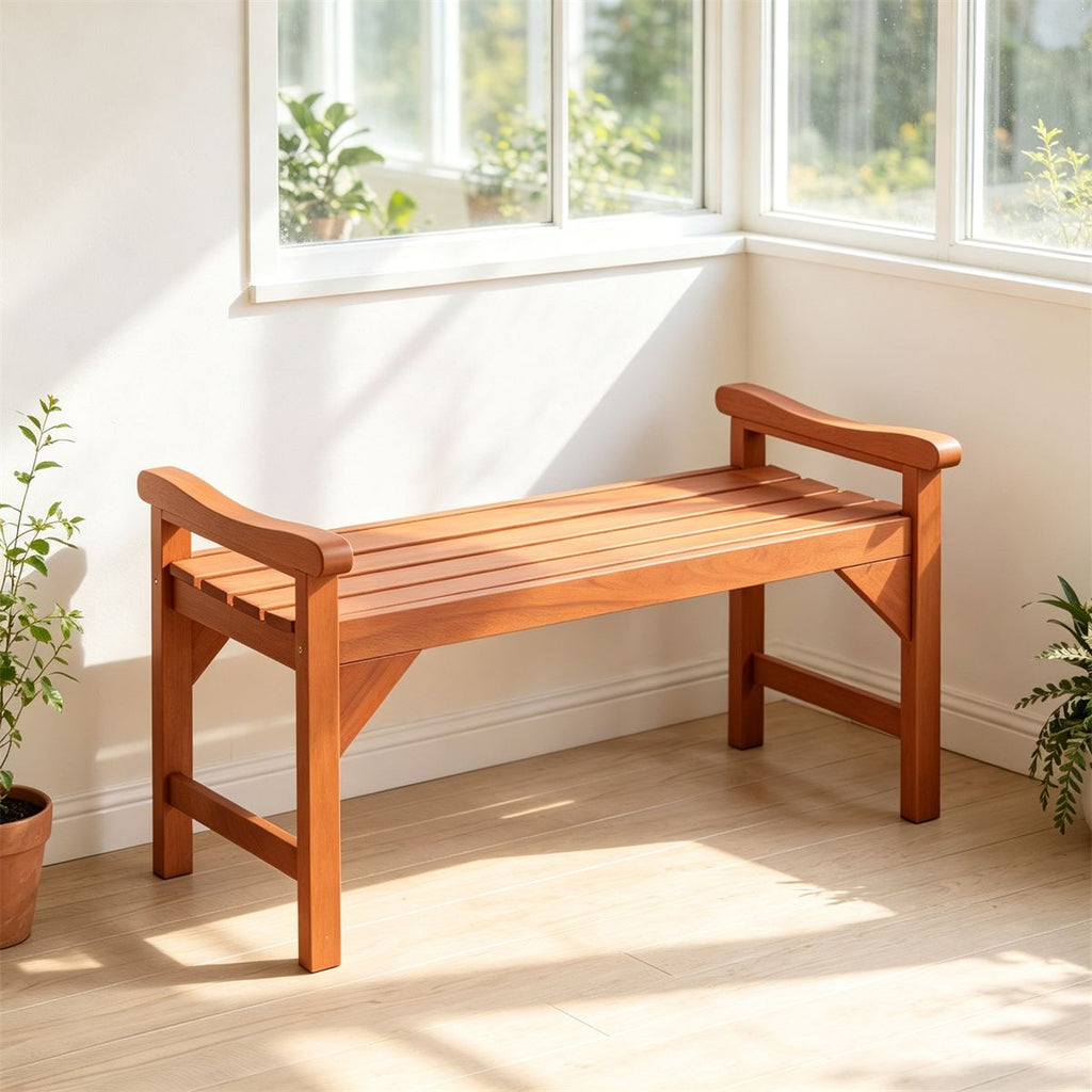 Solid Wood Outdoor Garden Bench, Rustic Minimalist Patio Bench with Curved Slatted Seat & Side Support Handles, Reinforced Stable Porch Bench for Backyard Poolside Entryway