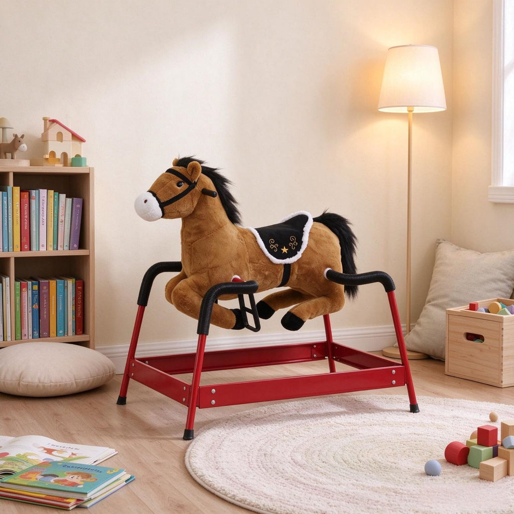 Spring Rocking Horse for Kids 3+ Years, Plush Ride on Horse with Neighing Sounds, Brown Animal Ride on Toy