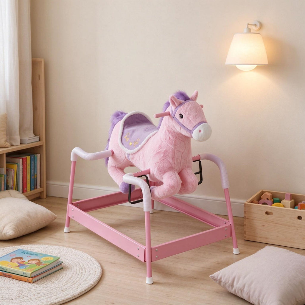 Spring Rocking Horse for Kids 3+ Years, Plush Ride on Horse with Neighing Sounds, Pink Animal Ride on Toy
