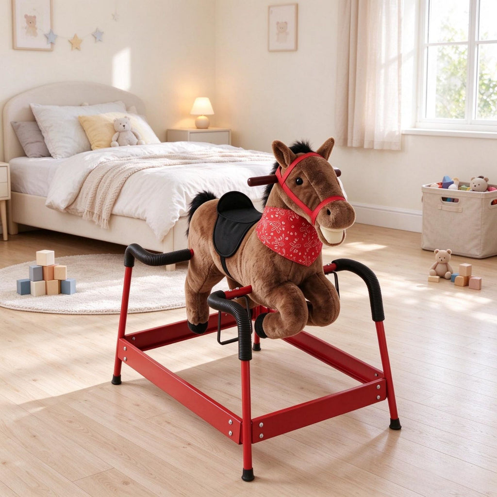 Spring Rocking Horse for Kids, Plush Ride on Horse with Neighing Sounds, Animal Ride on Toy for Ages 3+ Years, Brown